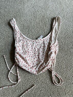 Floral Ribbed Bandeau Tank with Adjustable Side Ties - White & Pink crop top
